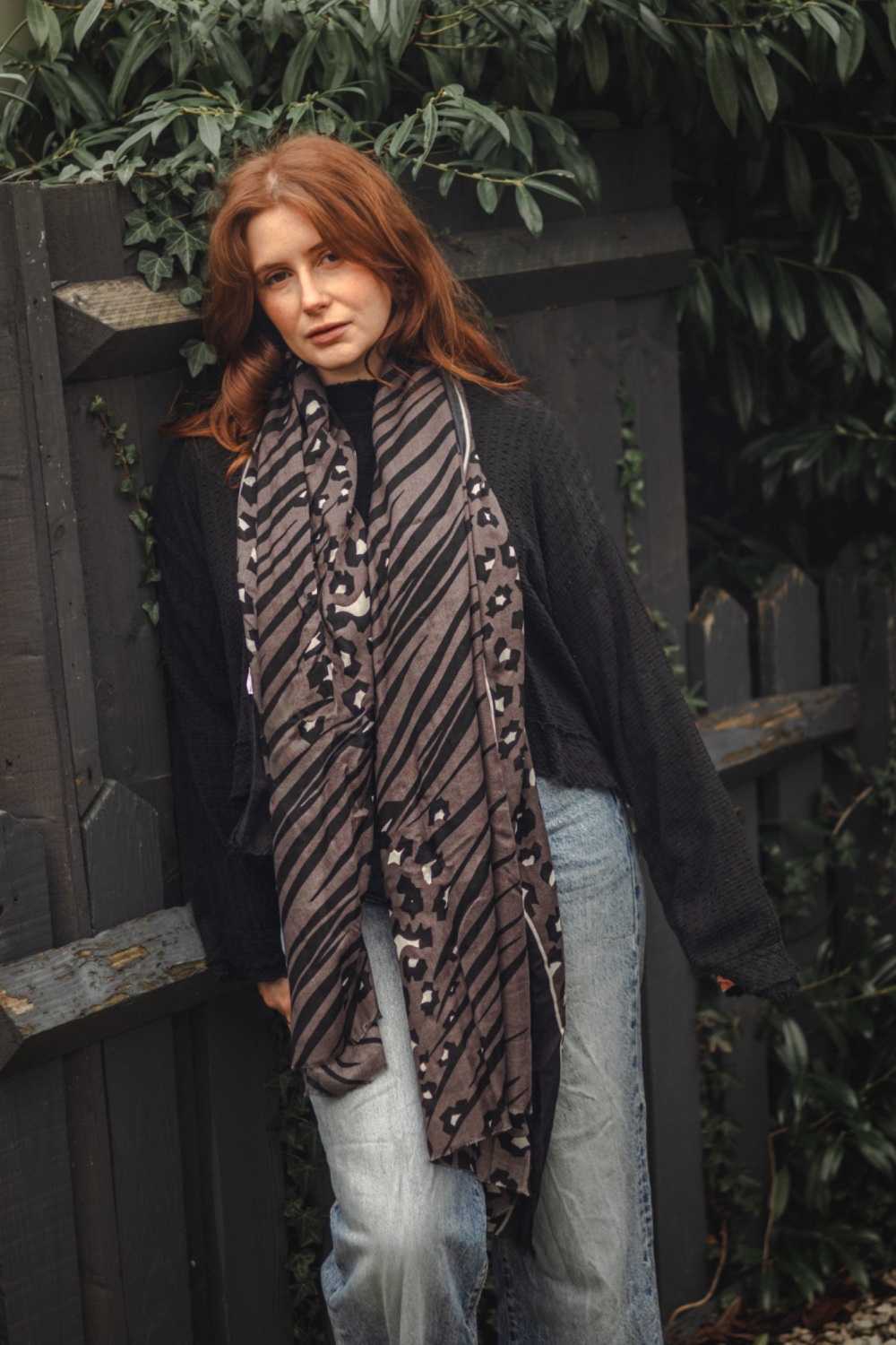Charcoal Grey Leopard Print and Zebra Scarf