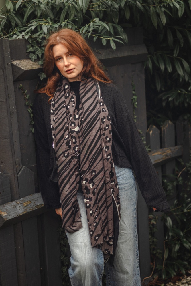 Charcoal Grey Leopard Print and Zebra Scarf