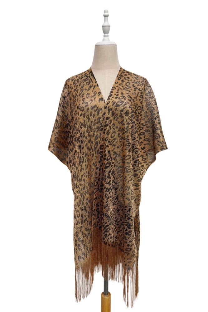 Leopard Print Viscose Metallic Kimono Beach Coverup in Gold