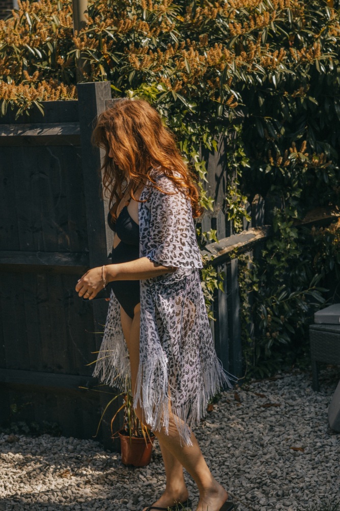 Leopard Print Viscose Metallic Kimono Beach Coverup in Silver