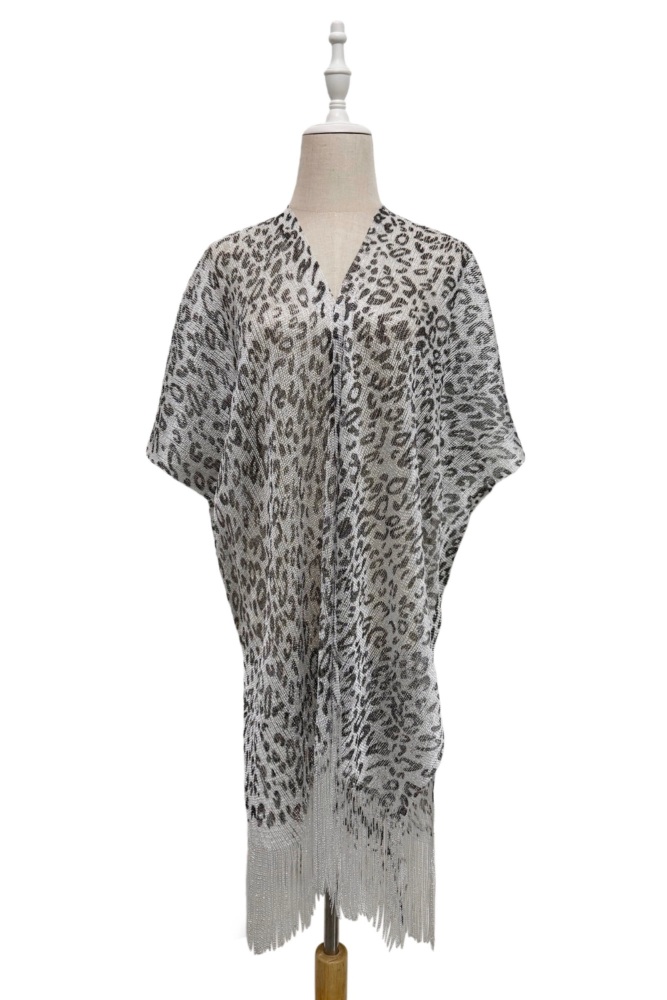 Leopard Print Viscose Metallic Kimono Beach Coverup in Silver