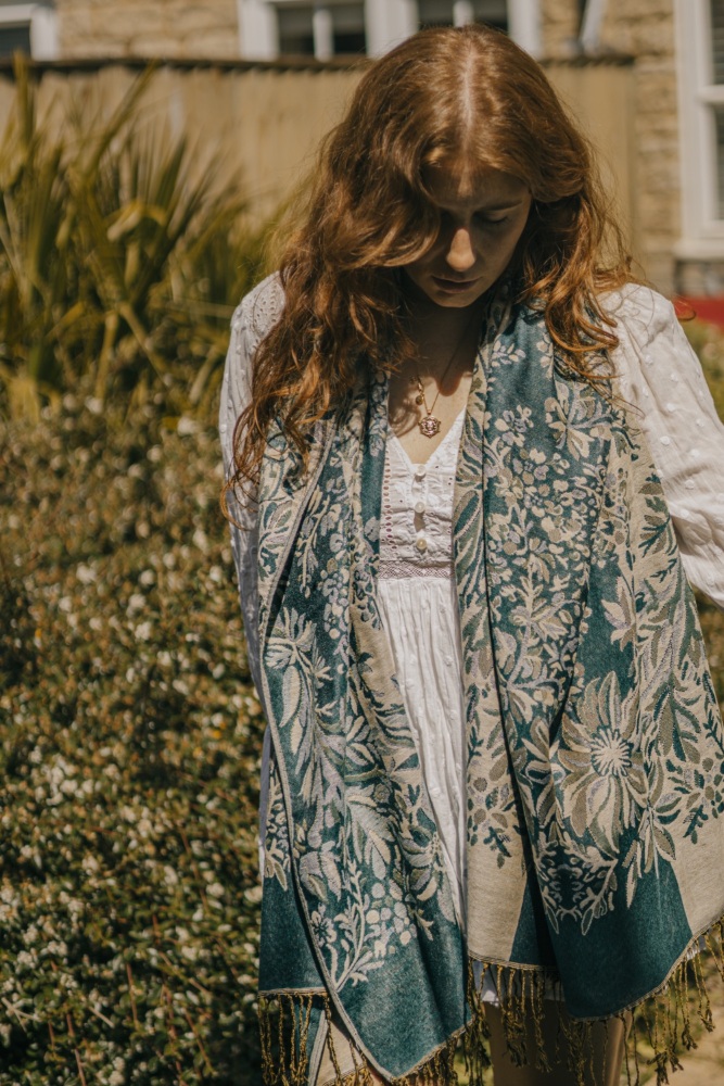 Sage Green Vintage Floral Tassel Pashmina Scarf