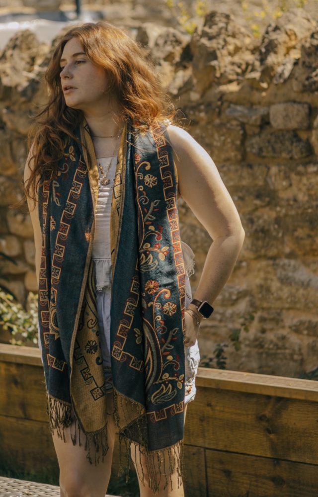 Deep Teal Vintage Paisley Tassel Pashmina Scarf