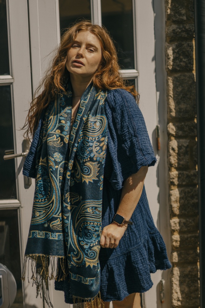 Ocean Blue Vintage Paisley Tassel Pashmina Scarf