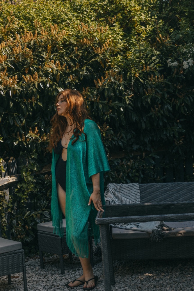 Turquoise Viscose Metallic Tassel Kimono Beach Cover Up
