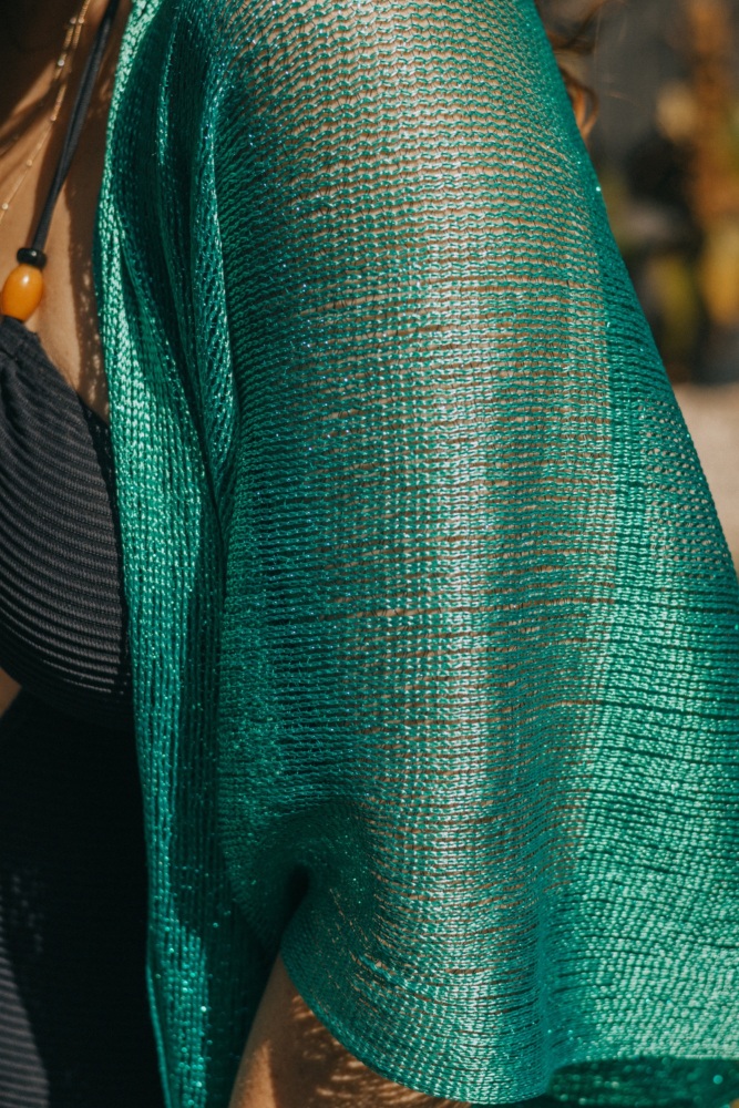 Turquoise Viscose Metallic Tassel Kimono Beach Cover Up