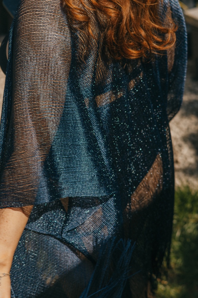 Navy Viscose Metallic Tassel Kimono Beach Cover Up