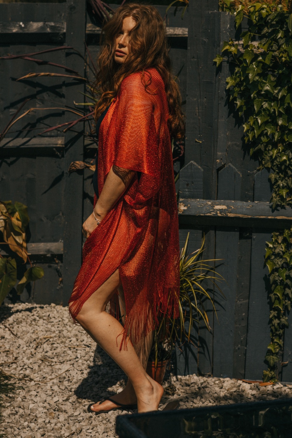 Red Viscose Metallic Tassel Kimono Beach Cover Up