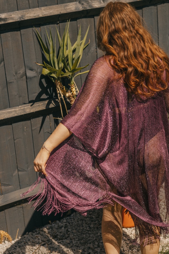 Dark Mauve Viscose Metallic Tassel Kimono Beach Cover Up