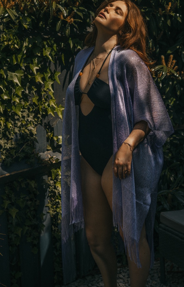 Lavender Viscose Metallic Tassel Kimono Beach Cover Up
