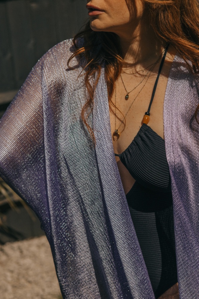 Lavender Viscose Metallic Tassel Kimono Beach Cover Up