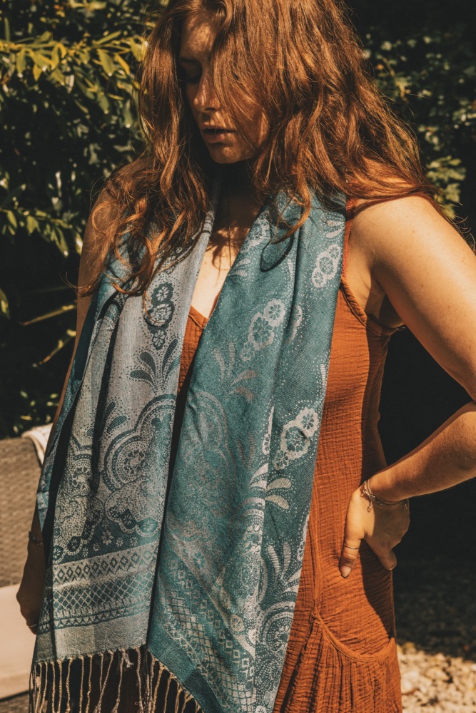 Turquoise Vintage Lace and Paisley Pashmina with Tassels