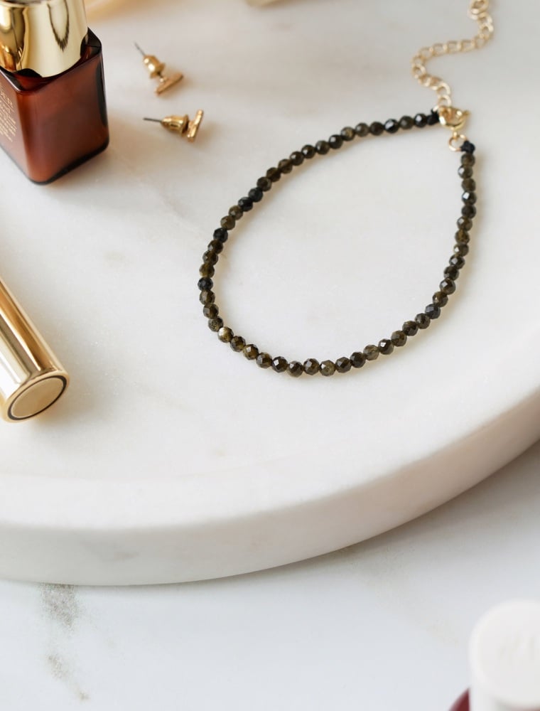 Gold Tone Mini Black Obsidian Crystal Cut Bracelet