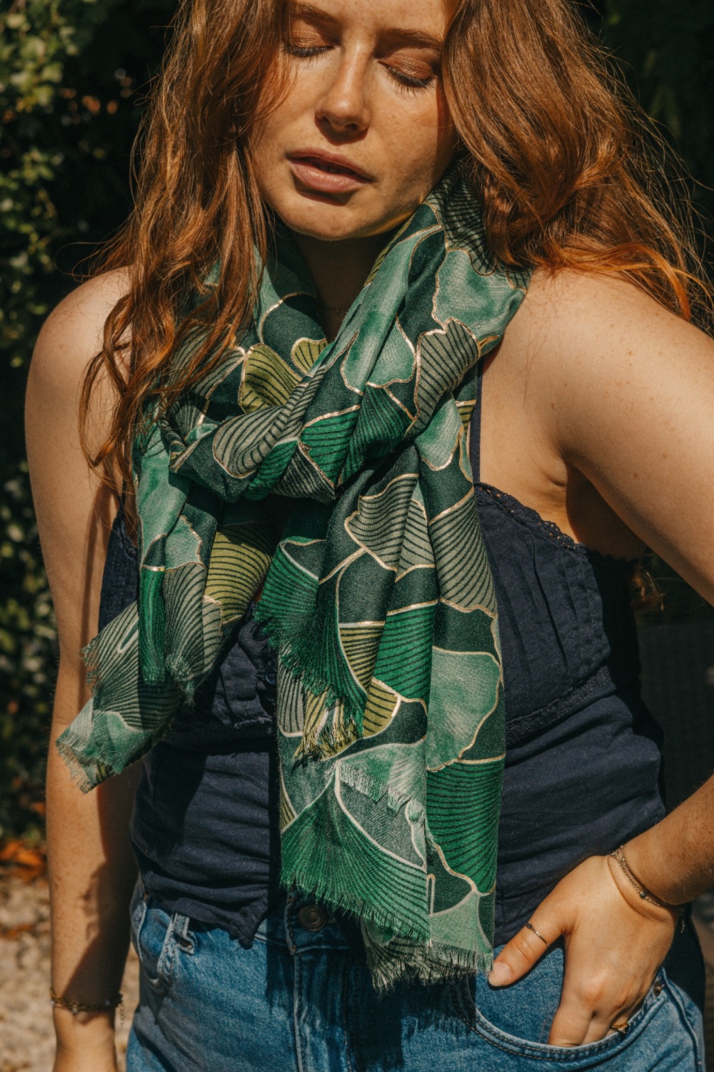 Forest Green Ginkgo Leaf Print Scarf