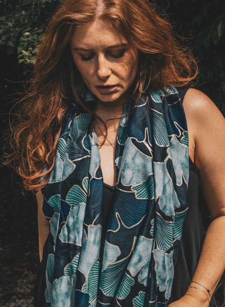 Blue Mix Ginkgo Leaf Print Scarf