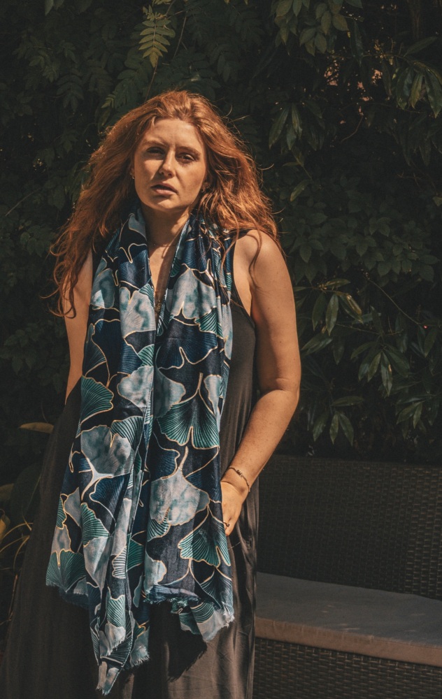 Blue Mix Ginkgo Leaf Print Scarf