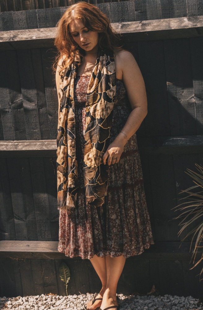 Chocolate Brown Ginkgo Leaf Print Scarf