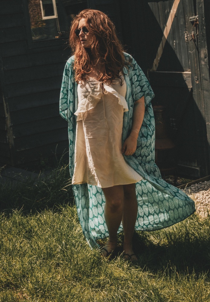 Turquoise Leaf Print Viscose Kimono