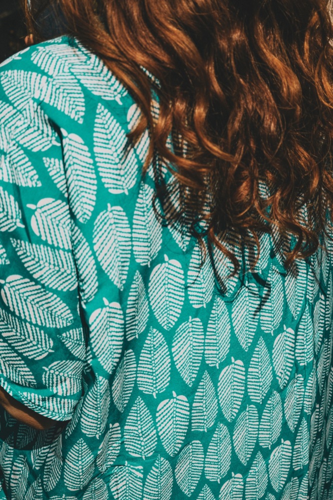 Turquoise Leaf Print Viscose Kimono