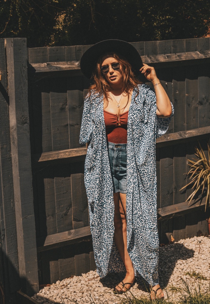 Sky Blue Leopard Print Viscose Kimono