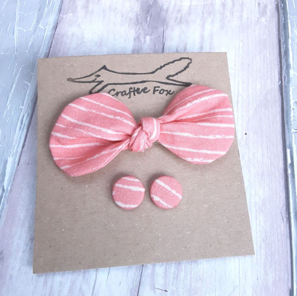 Coral stripped hair bow on clip and button earrings