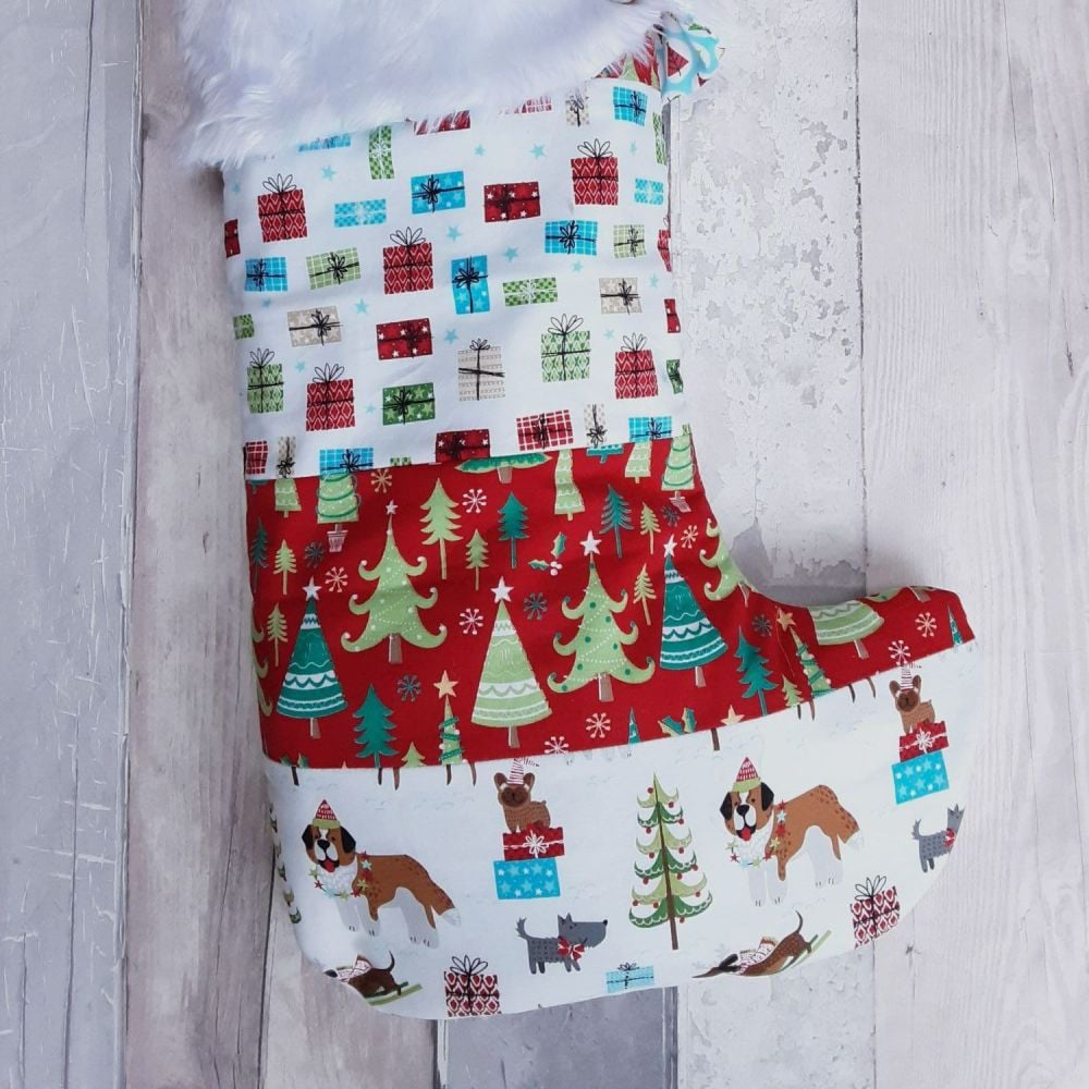 Christmas dogs white patchwork stocking