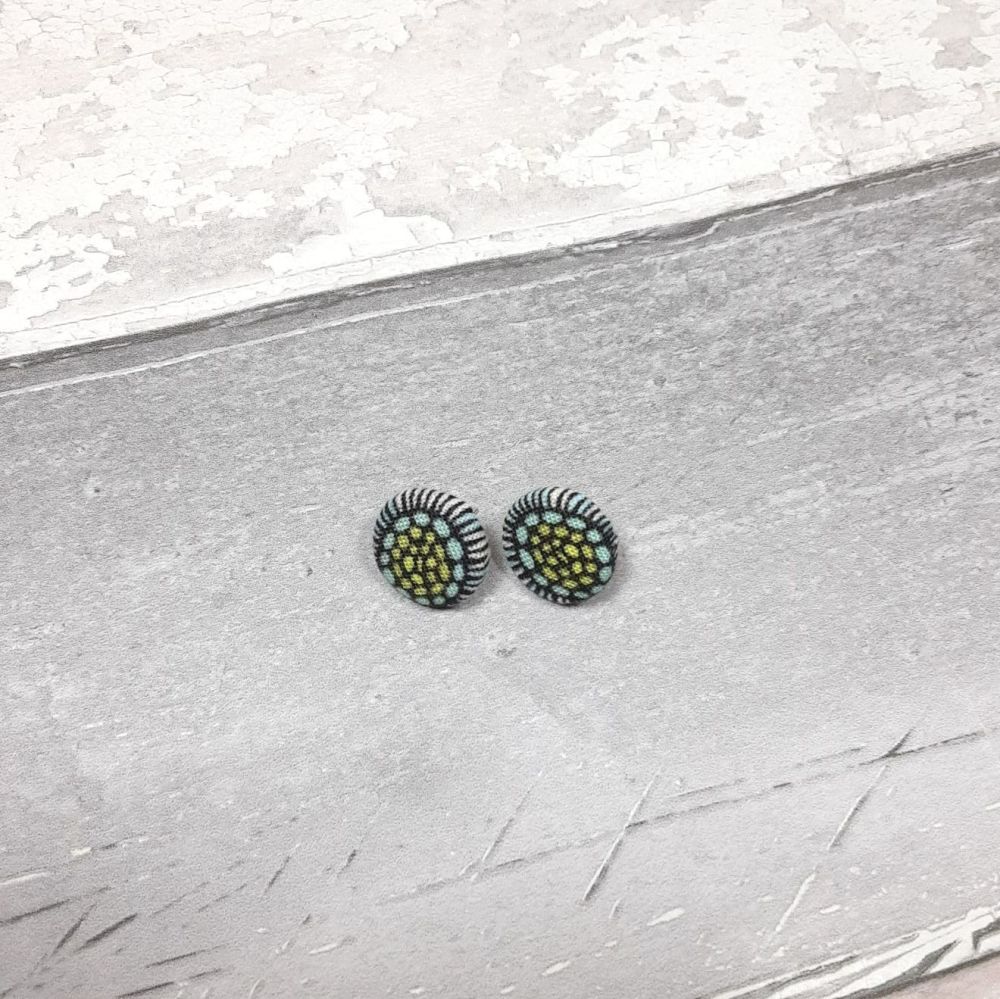 Patterned blue, green and white button earrings