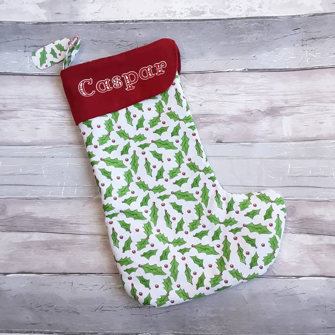 Large red personalised stocking holly design
