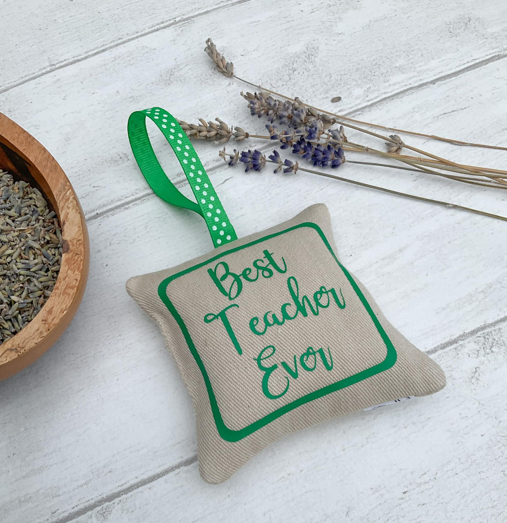 Lavender sachet bag with 'Best Teacher Ever' on