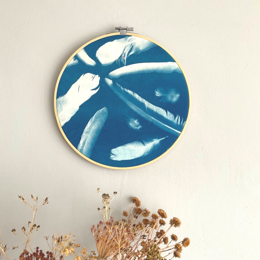 9inch Feather Cyanotype art hoop