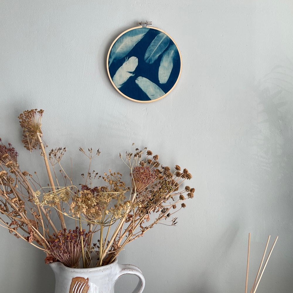 Feather Cyanotype art hoop