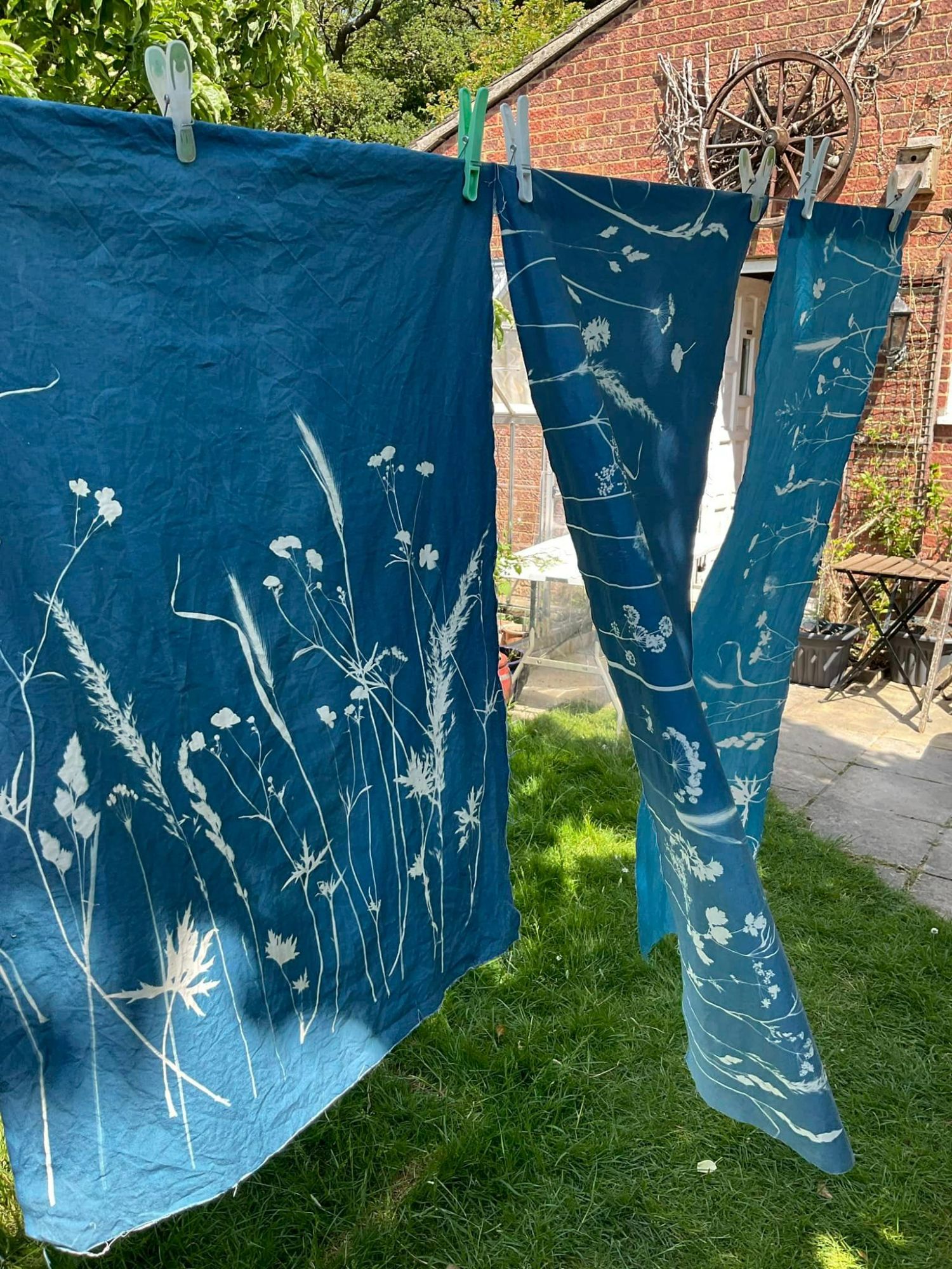 Three pieces of fabric are pegged on a washing line. The blue fabric has grasss and flowers sunprinted on