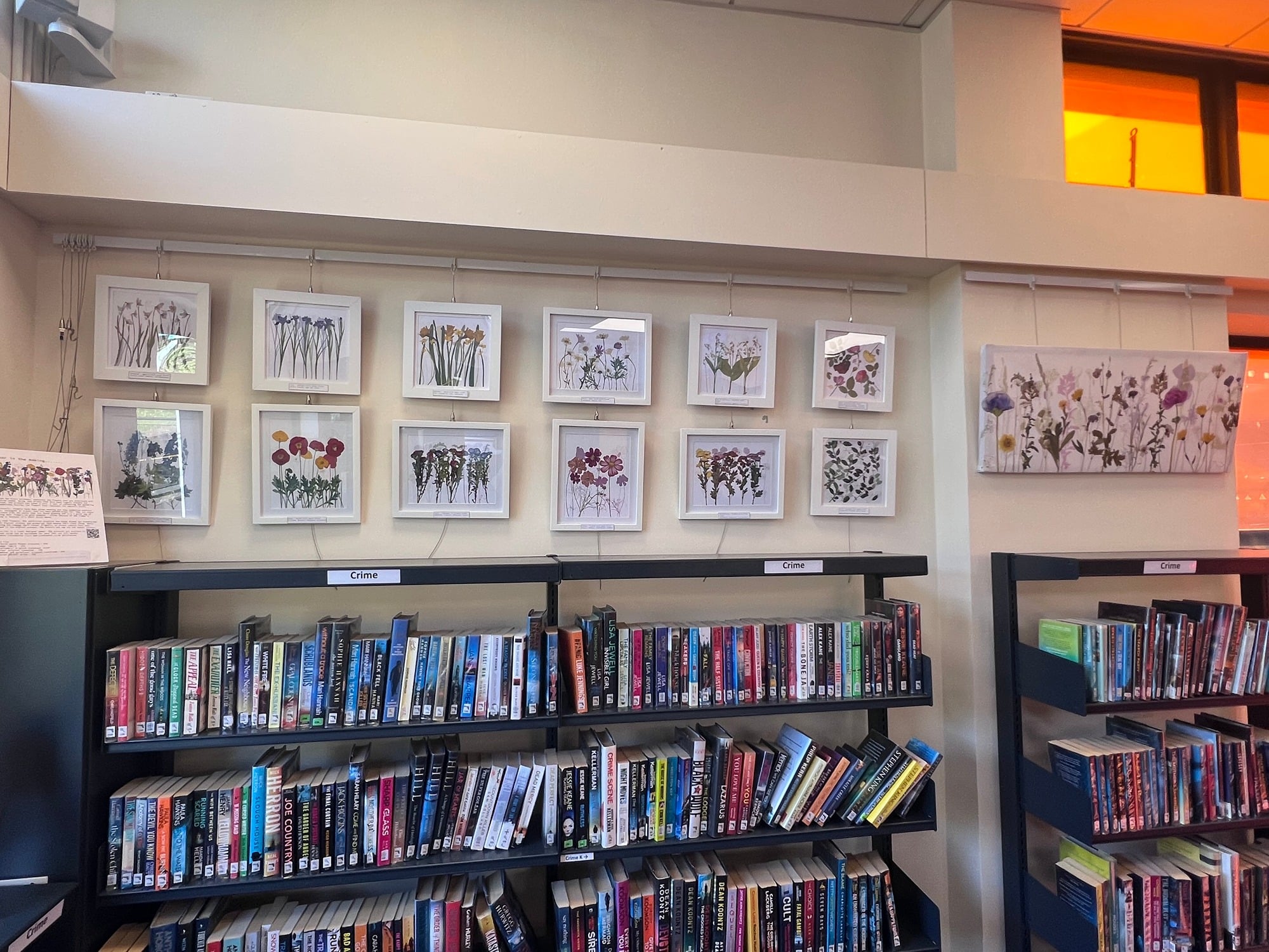 Display of 12 pictures, each showing a different flower from each month. The pictures are displayed in a library and books can be seen in shelving