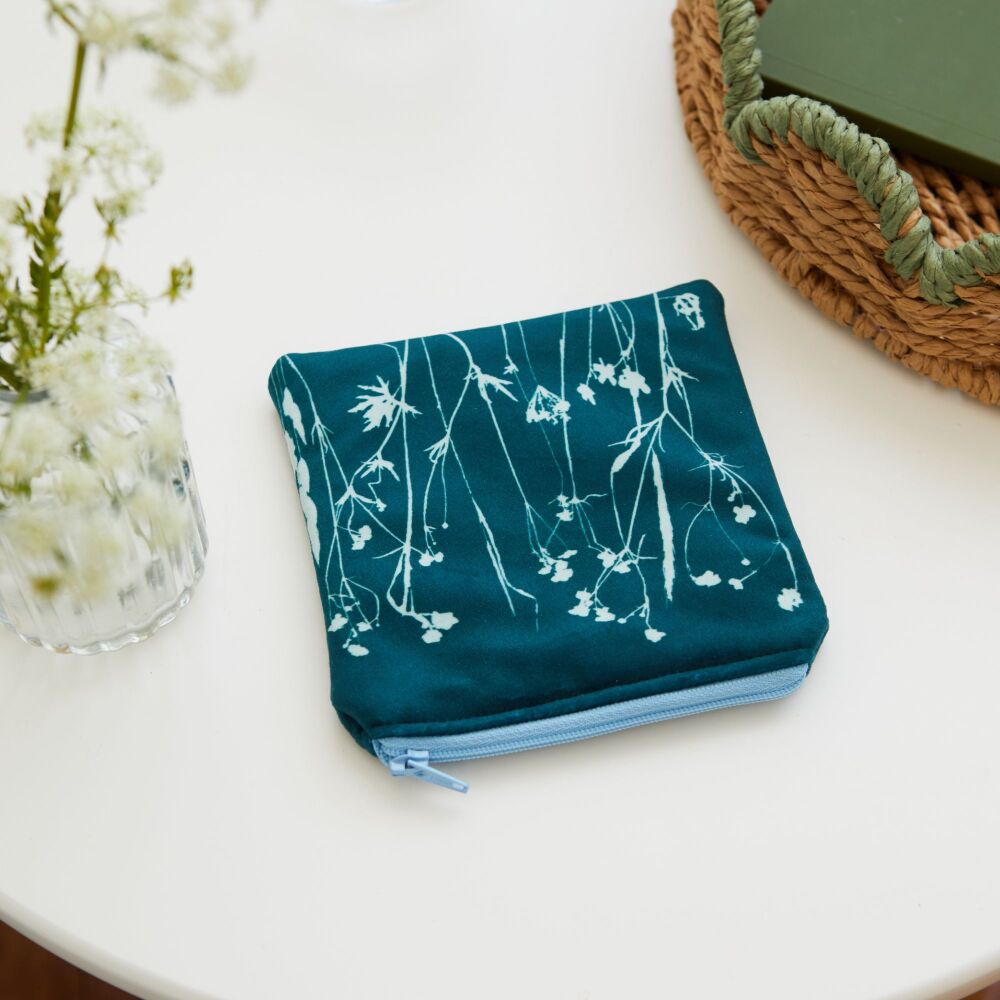 Teal velvet zip botanical pouch