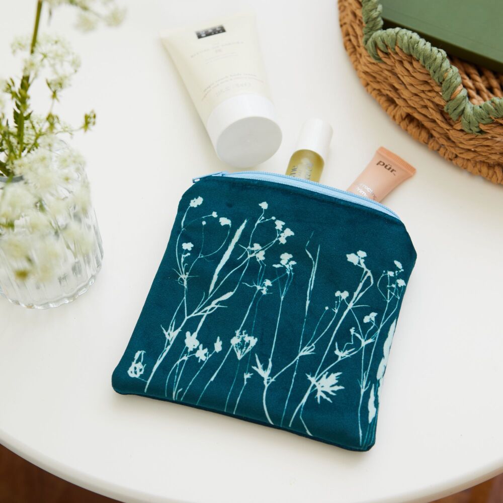 Teal velvet zip botanical pouch