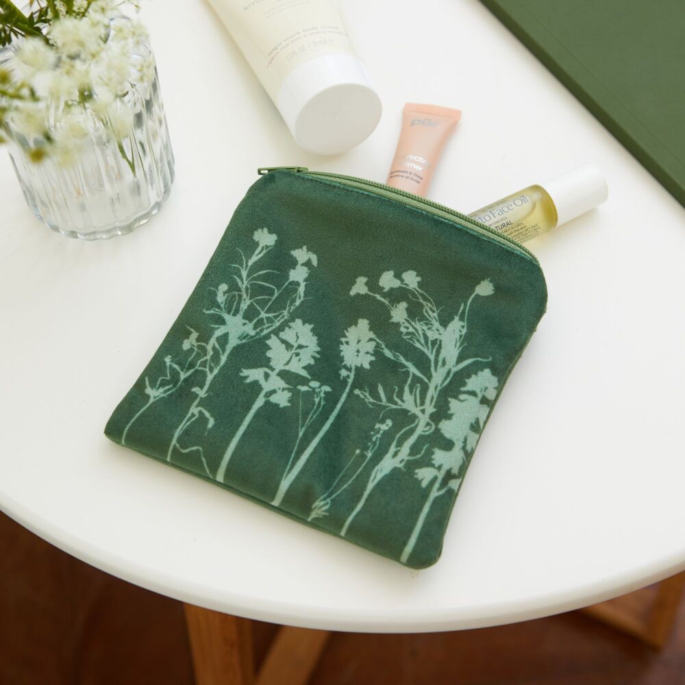 Green velvet zip botanical pouch