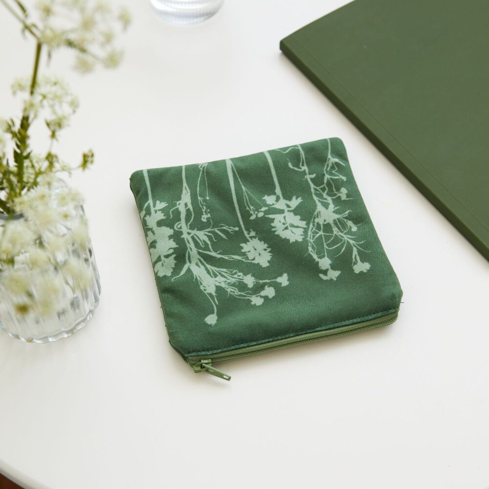 Green velvet zip botanical pouch