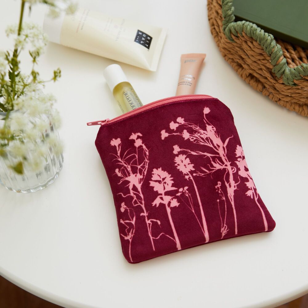 Pink velvet zip botanical pouch