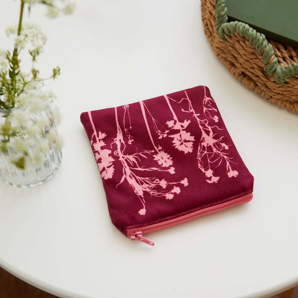Pink velvet zip botanical pouch