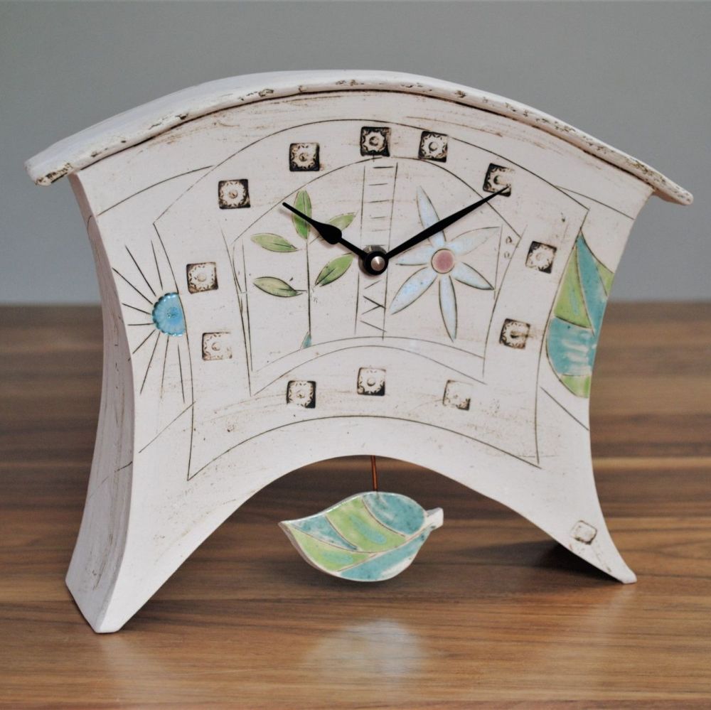 Pendulum Wall Clock Flowers & Leaf Iveta Goddard Ceramics