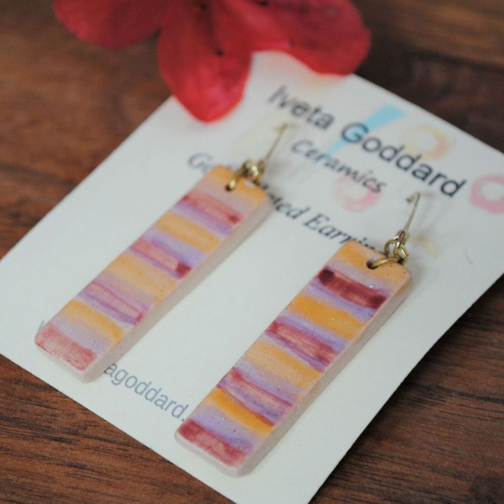Drop rectangle earrings - Red, yellow and purple stripes.