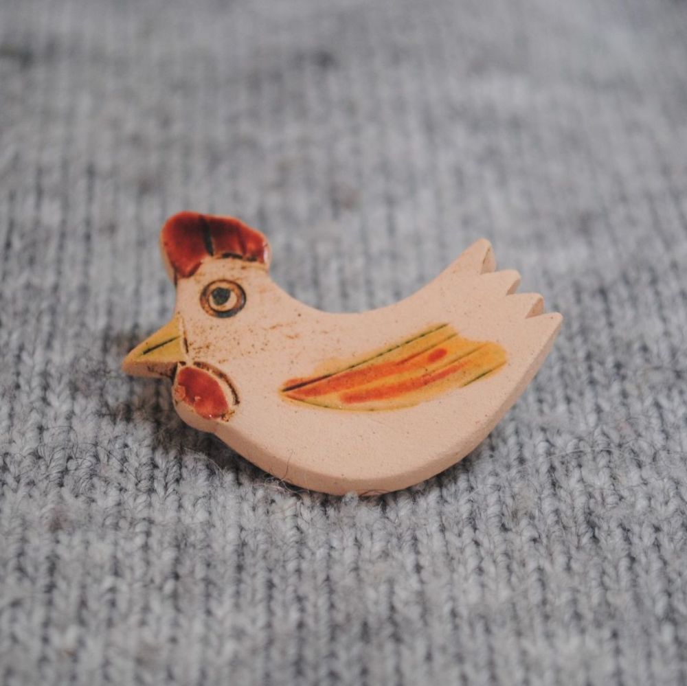 Ceramic Brooch - Hen/Cockerel/Chickin