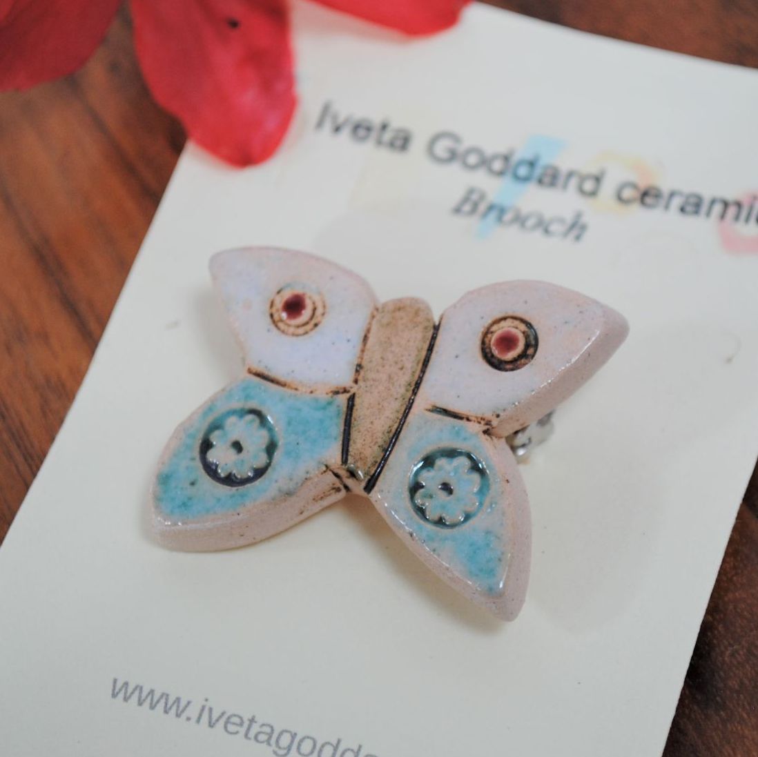 Ceramic Brooch - Butterfly Turquoise and White
