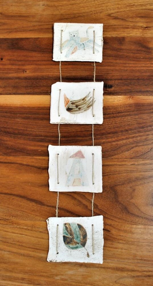 Wall tiles - Set of 4 - House, flower, cat & bird