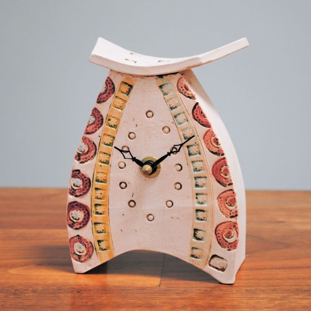 Mini ceramic mantel clock, handmade from a white clay, yellow & pink-red co