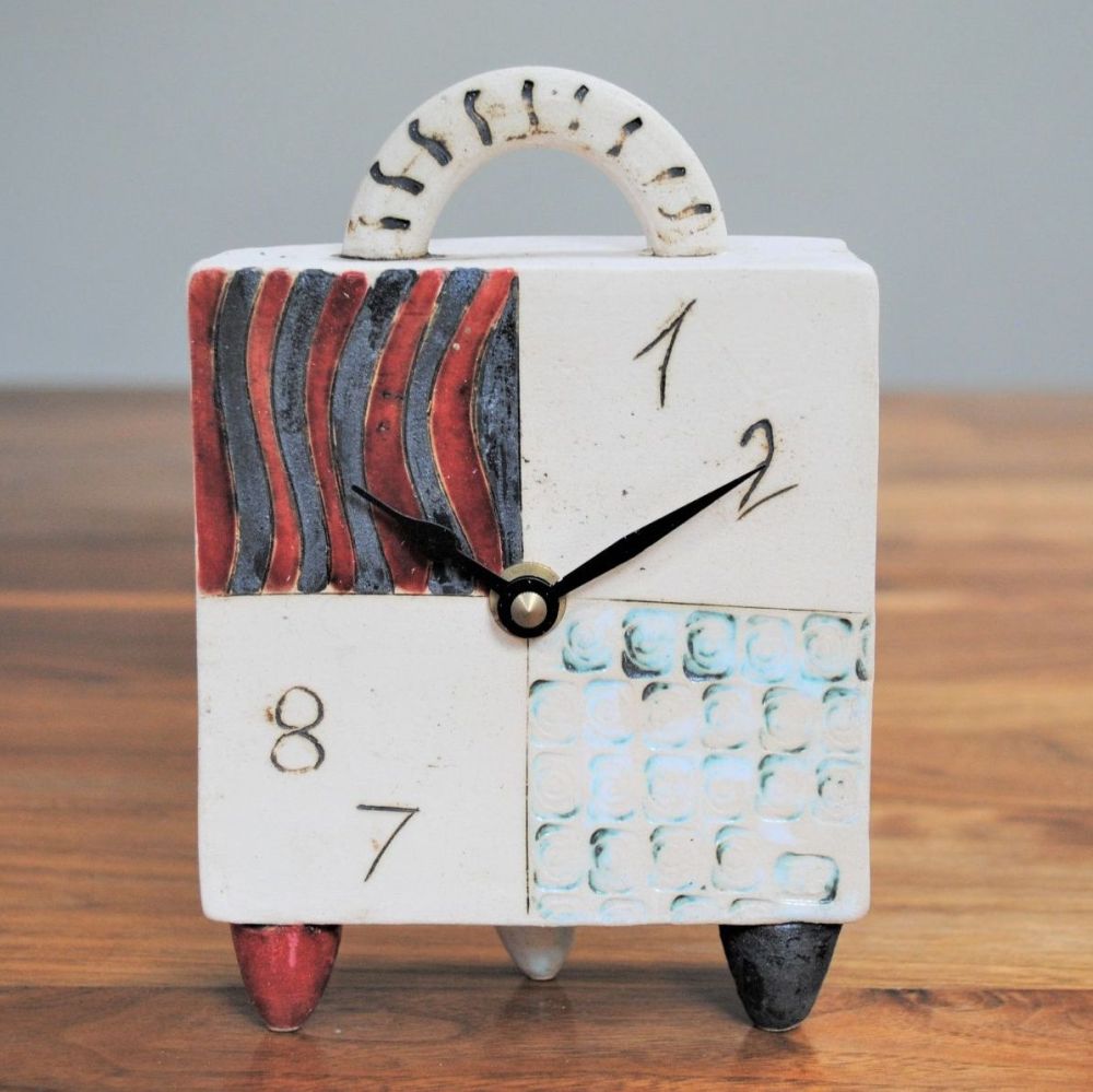 SALE - ceramic carriage mantel clock, contemporary design with red, white &