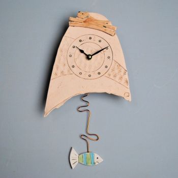 Ceramic pendulum wall clock - Small "Dog and fish"