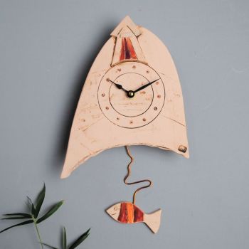 Ceramic pendulum wall clock - Small "Beach hut and fish"