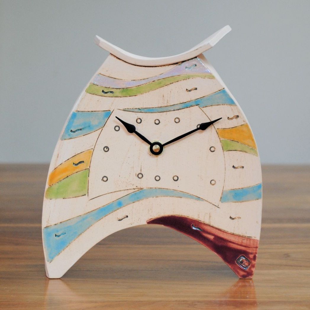  Medium ceramic mantel clock, handmade from white clay, bright coloured gal