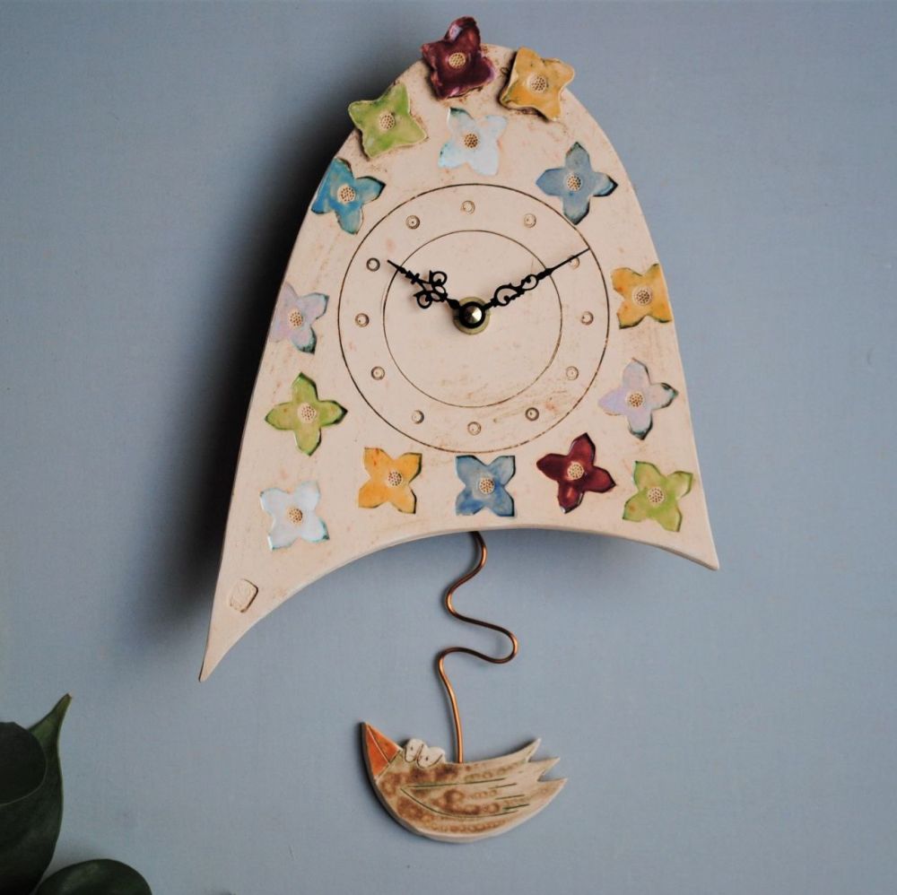 Pendulum Ceramic Wall Clock Colourful Flowers Iveta Goddard Ceramics